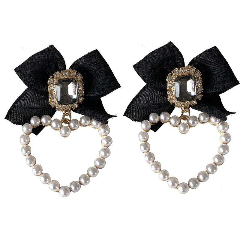 S925 Needle Sweet Jewelry Black Bowknot Earrings New Design Crystal Glass Simulated Pearls Heart Drop Earrings For