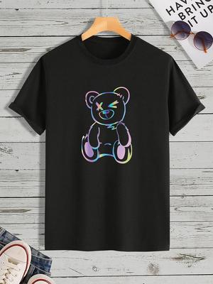 Teddybär-Print T-Shirt für Unisex's Casual Rundhals Kurzarm ;Modische Sommer-T-Shirts Tops, Reguläre und Oversize-Tees