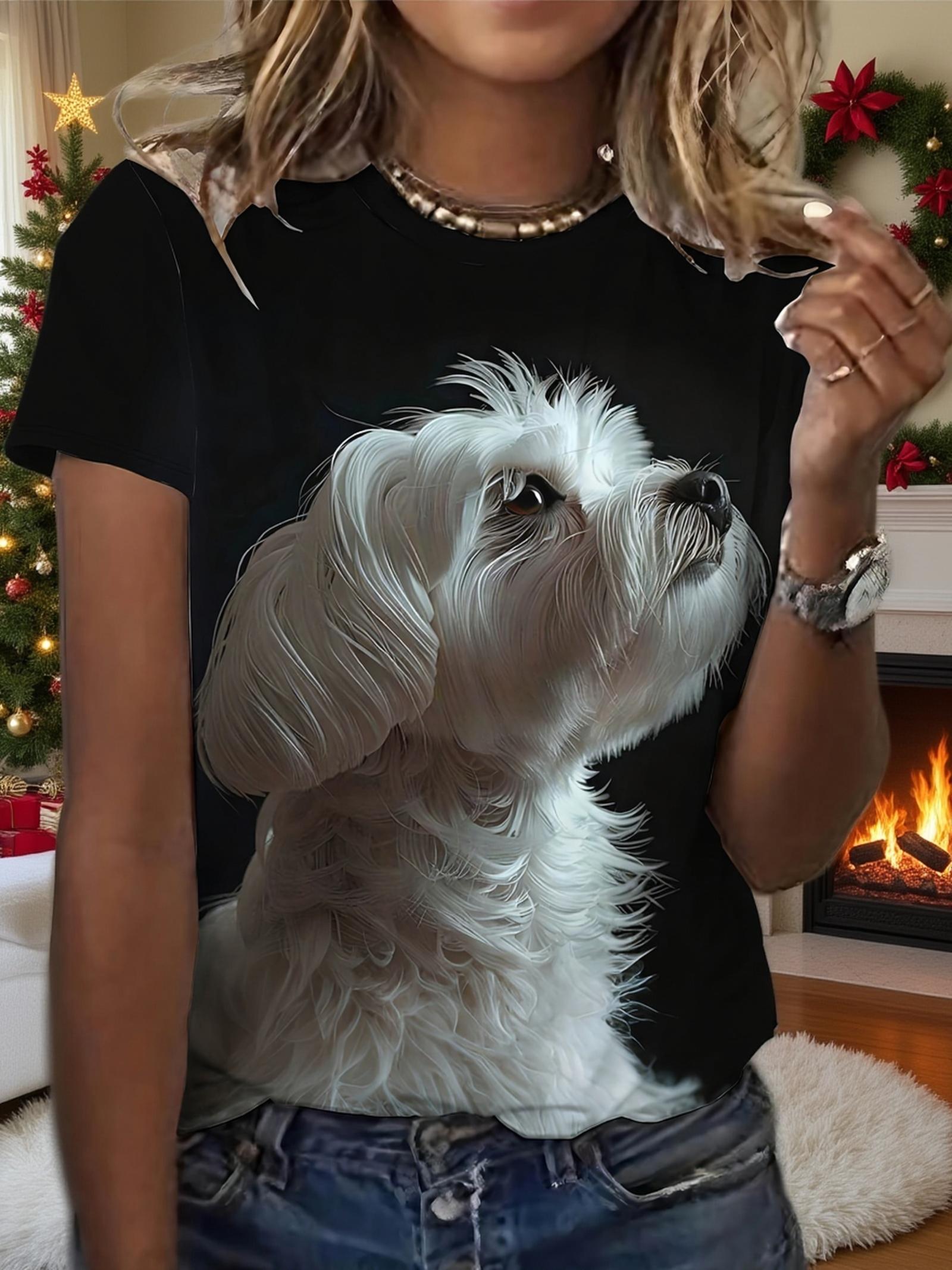 

Women S Cute Dog Print T-Shirt - Realistic White Puppy Design. Casual Short Sleeve Crew Neck. Soft ; Comfortable Fabric. Perfect for Casual Attire or S дубильная кора