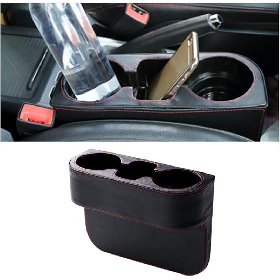 Getränkehalter im Auto mit Telefonhalter, Lederbezug für die Seitentasche der Konsole, Getränke-Organizer für die Lücke zwischen den Vordersitzen im Auto, multifunktionale Aufbewahrung für Zubehör