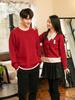 Korean Style Red Parent-Child Sweater: Women's Cardigan & Men's Round Neck Pullover