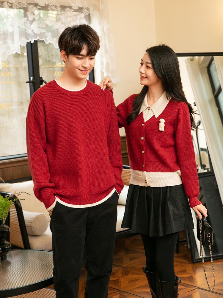 Korean Style Red Parent-Child Sweater: Women's Cardigan & Men's Round Neck Pullover
