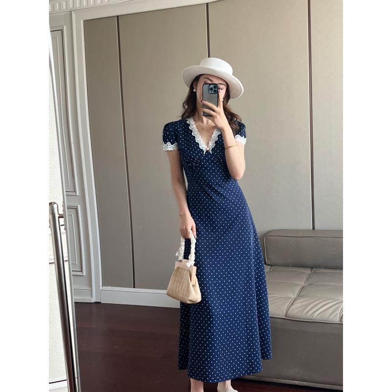 Women's Summer French Retro Polka Dot Dress with Lace Trim and Waist-Cinching Design