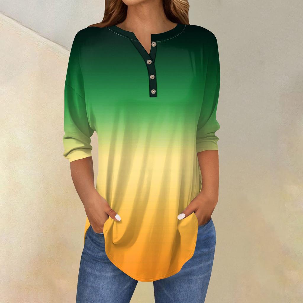 Tee Shirts For Women Fall Casual 3/4 Long Sleeve Button Shirts Sweatshirt Vintage  Top Pullover