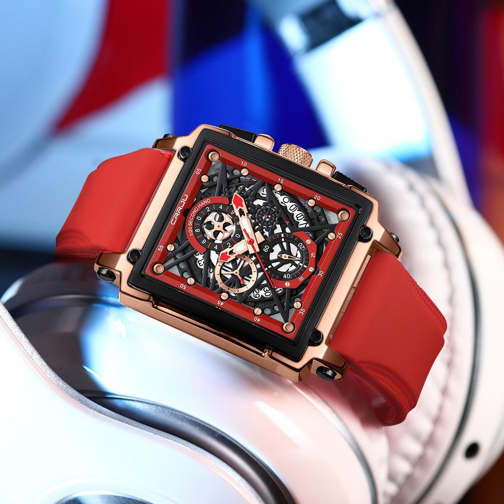 Men's Sports Chronograph Wrist Watch For Men Army Silicone Strap Square Quartz Stop Watch