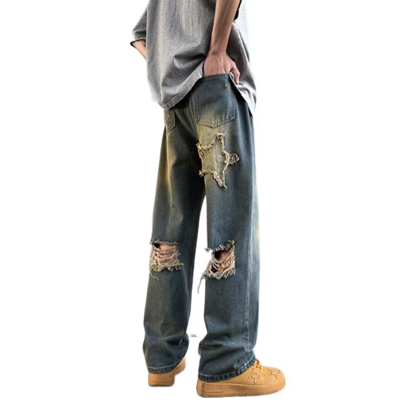 Men's Jeans Summer American Retro High Street Vibe Hole Pants Loose Design Sense Niche Wide-leg Pants