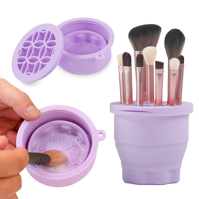 Makeup Brushes Cleaner Mat with Brush Storage Holder, Folding Portable Washing Tool for Makeup Brush Cleaning, 2 In 1 Silicone Brush Cleaner Pad &