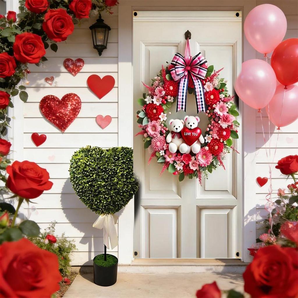 Valentine's Day Heart-Shaped Bear Wreath Door Hanging Floral Bow Decoration Romantic Holiday Home Store Door Atmosphere Decor