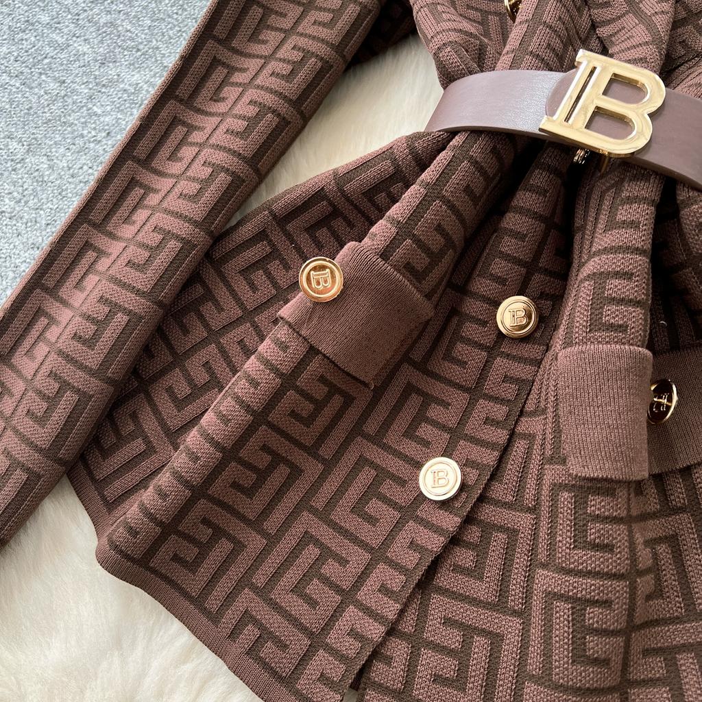 Herbst Winter Damen Vintage Designer Strickpullover Hose Zweiteiliges Set Blazerkragen Jacke Mantel und Weitbeinige Hose Trainingsanzug