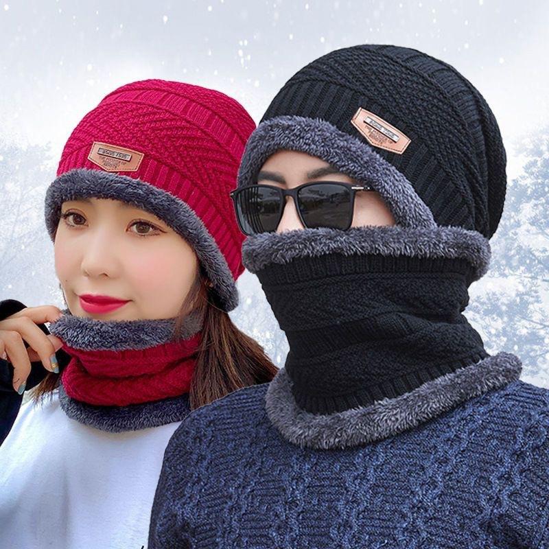 1Set Winter Warm Hat Scarf Set For Men Women Outdoor Thickened Cycling Hats Scarf  Windproof Cold-Proof Scarf Cap