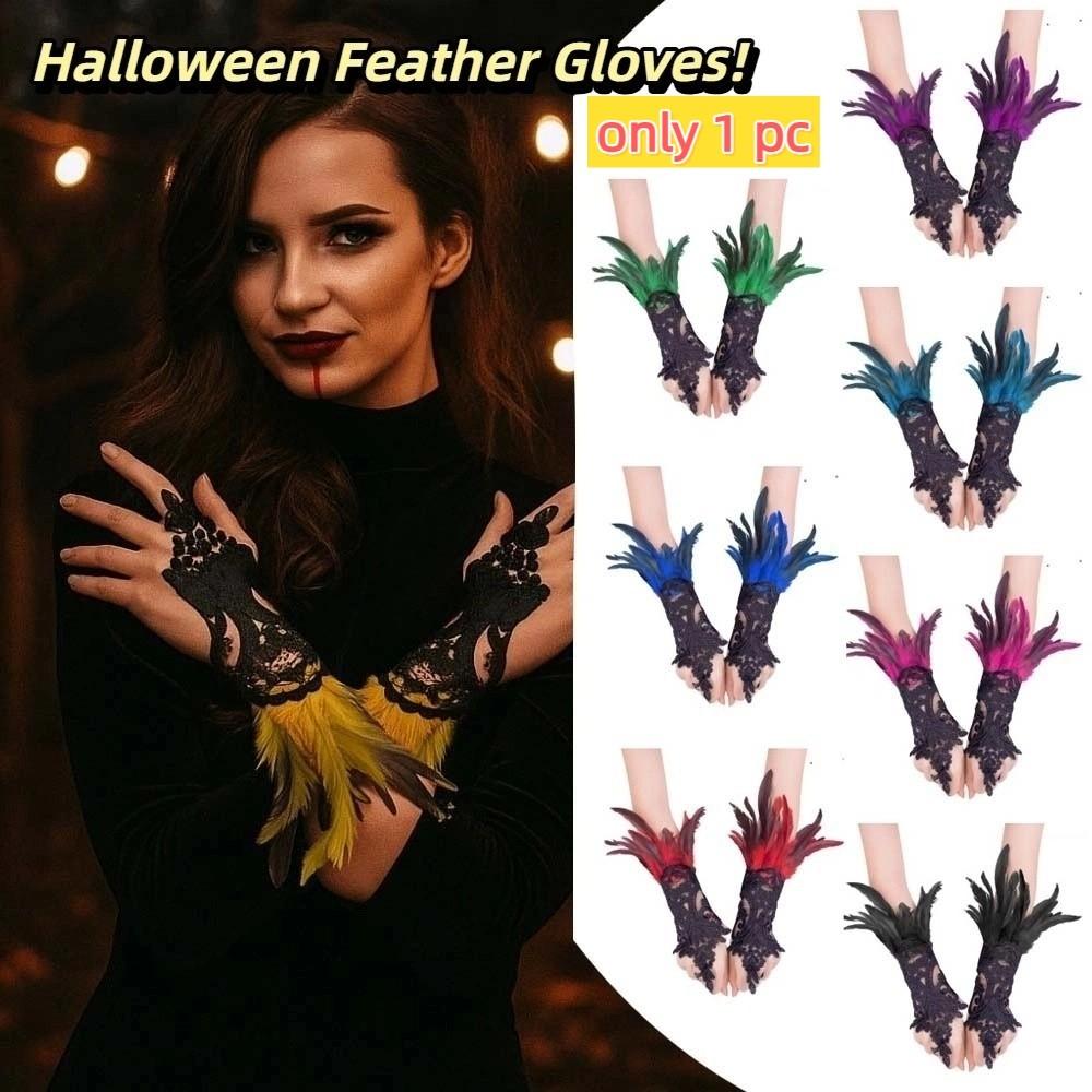 Wristband Feather Lace Glove Embroidery Women Halloween Cuffs Halloween Feather Gloves Carnival