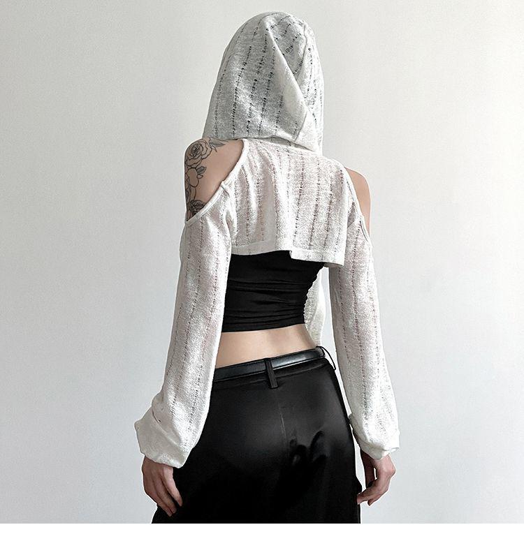 Handmade Off-the-Shoulder Distressed Hooded Women's Pullover - Irregular, Slimming, Versatile, Short Solid Color Jacket, Trendy Design.