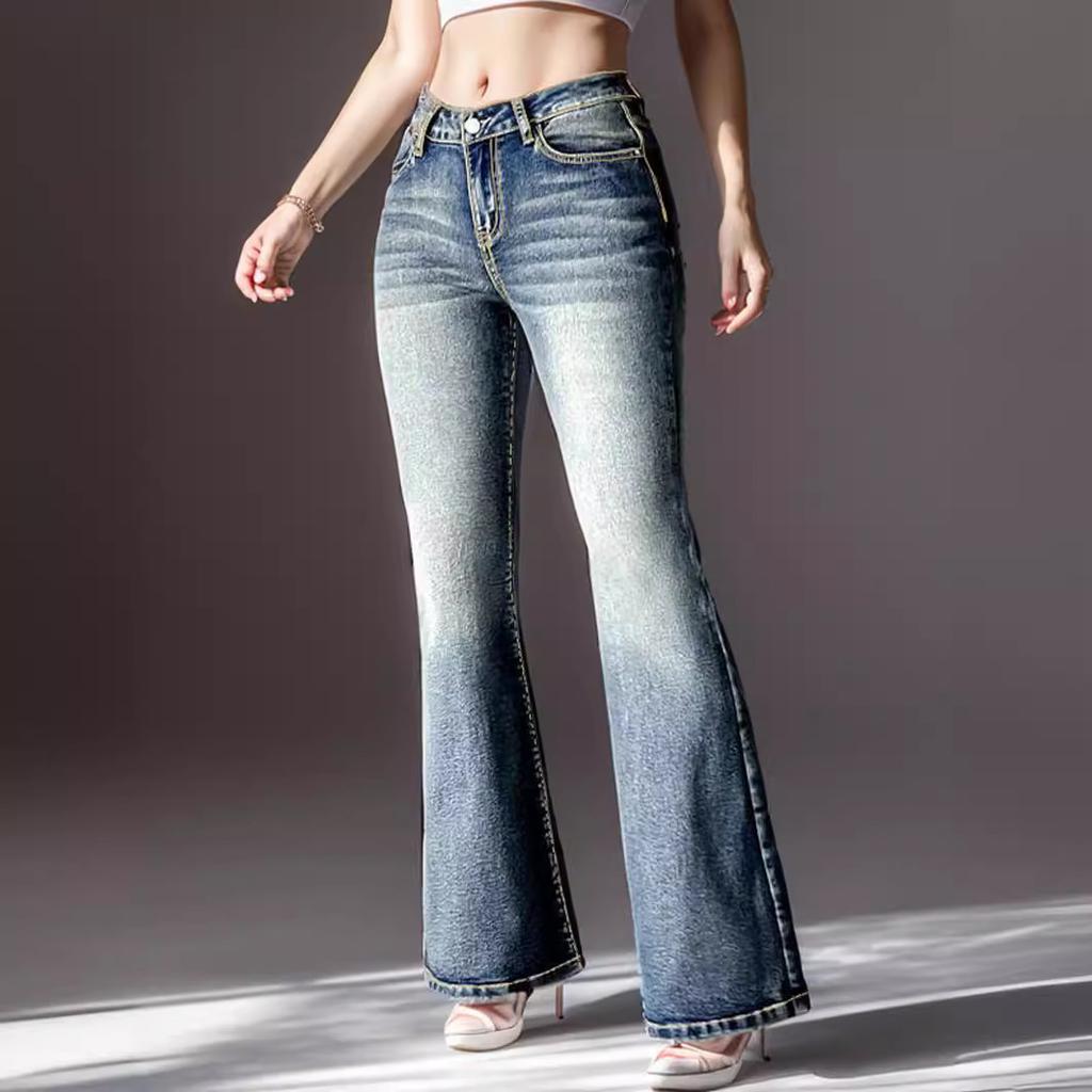 GMXIA Women's Vintage Jeans High Stretch Pocket Embroidery Vintage Jeans Slim-fit Hip Lift Flare Pants
