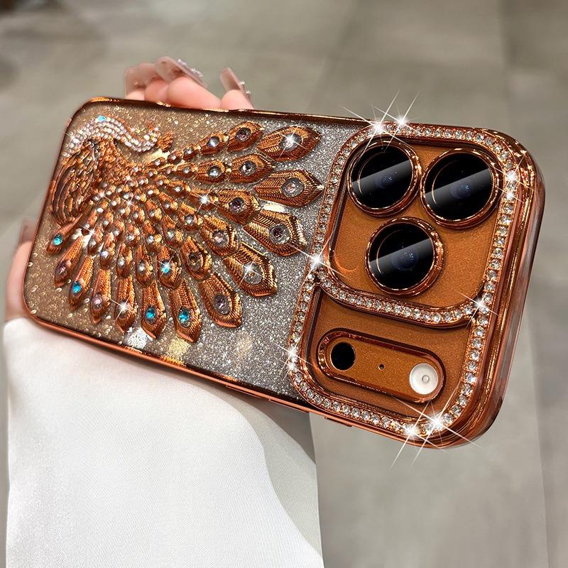 Luxury Plating Peacock Glitter Diamond Phone Case for 17 Pro Max Air 17 Pro 16 15 14 13 Soft Clear TPU Lens Film Cover