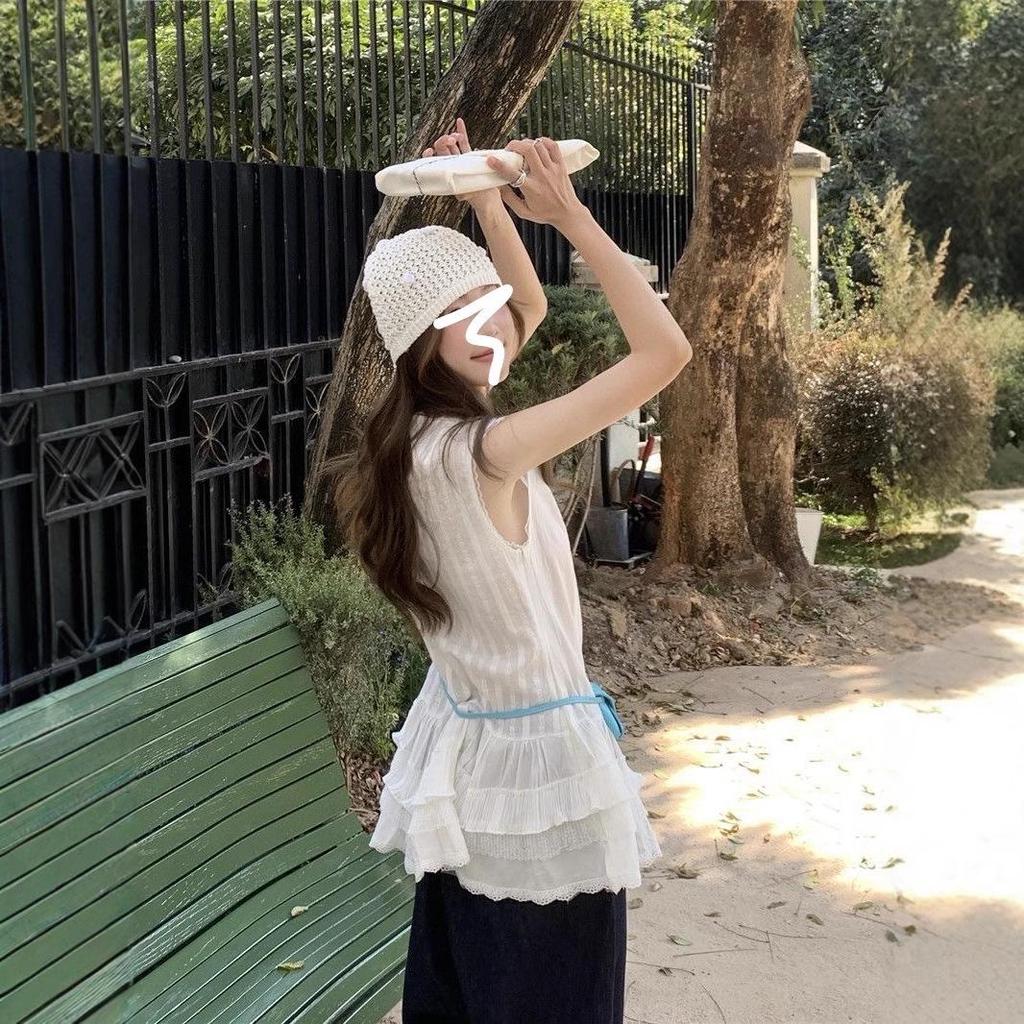 Women's Spring Lace Trim Casual Vest Dress & Loose Long Sleeve Camisole Top Set - Fresh White