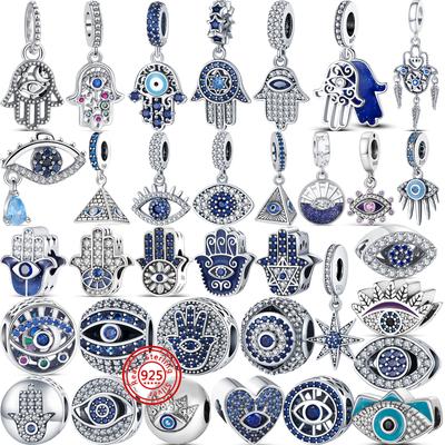 Authentic S925 Sterling Silver Blue Demon Eyes Palm Series Pendant Round Beads Fit Original  Charms Bracelet Women Jewelry
