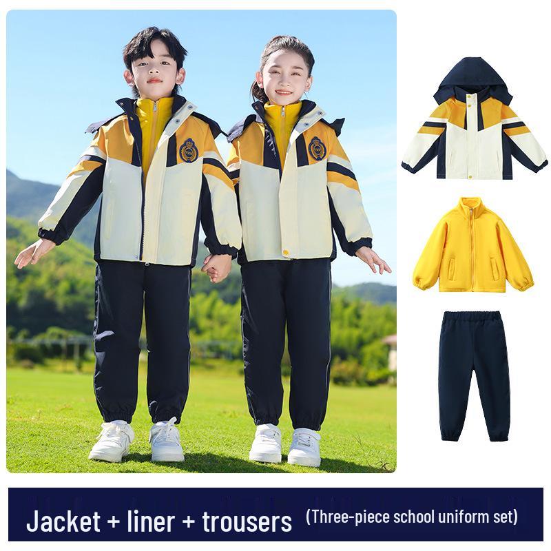 Children's Three-Piece School Uniform Set: Windbreaker for Spring & Autumn, Detachable, Winter-Ready, Thickened for Kindergarten.