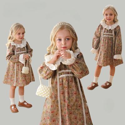 Outono Novas Meninas Retro Gola Lótus Floral Manga Longa Vestido de Renda