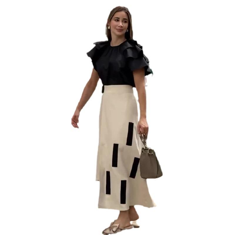 Summer 2024 European & American Women's Ruffle Top and High-Waisted Midi Skirt Two-Piece Casual Set
