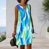 Women Plus Size Sleeveless Notched V Neck Abstract Print Blue Green Casual Tank Dress