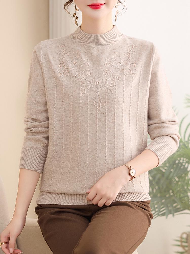 Mamas bestickter Wollpullover: Halbhoher Kragen, Ideale Basisschicht für Frauen mittleren und höheren Alters, Neu für Herbst/Winter