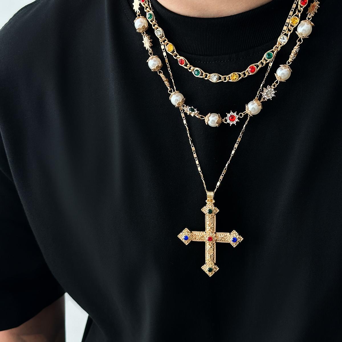 Salircon 3pcs/set Fashion Luxury Imitation Pearl Rhinestone Flower Beads Choker Necklace Men Exquisite Cross Pendant Jewelry