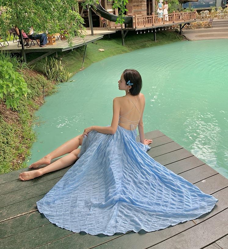 Super Fairy Design Sense Summer Waves Blue Pure Desire Vacation Backless Waist Thin Big Skirt Suspender Long Dress