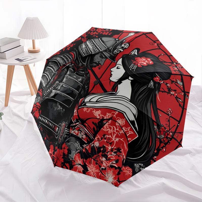 Beauty and Samurai  Pattern, Automatic Folding Umbrella, Portable and Foldable Design, 8 Ribs, a Christmas or Birthday Gift.