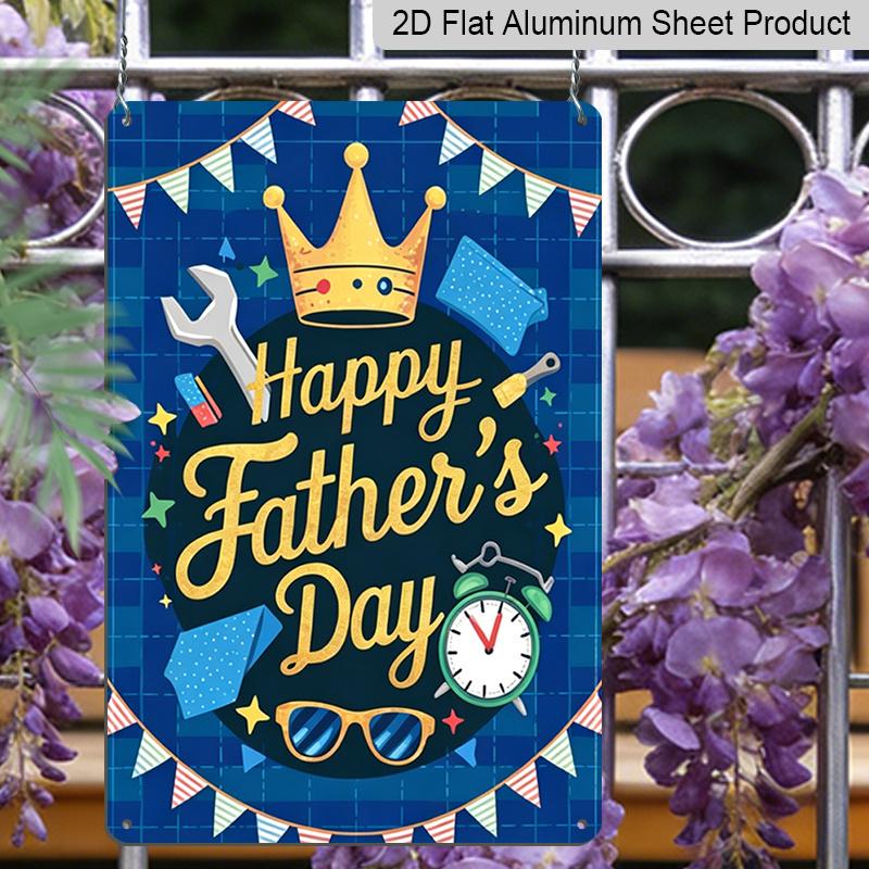 2D Flat, 1pc Festive Blue Plaid Father's Day Metal Wall Art Sign "Happy Father's Day" - 8*12 Inch Aluminium Rustic Home Decor, Crown & Tools Party