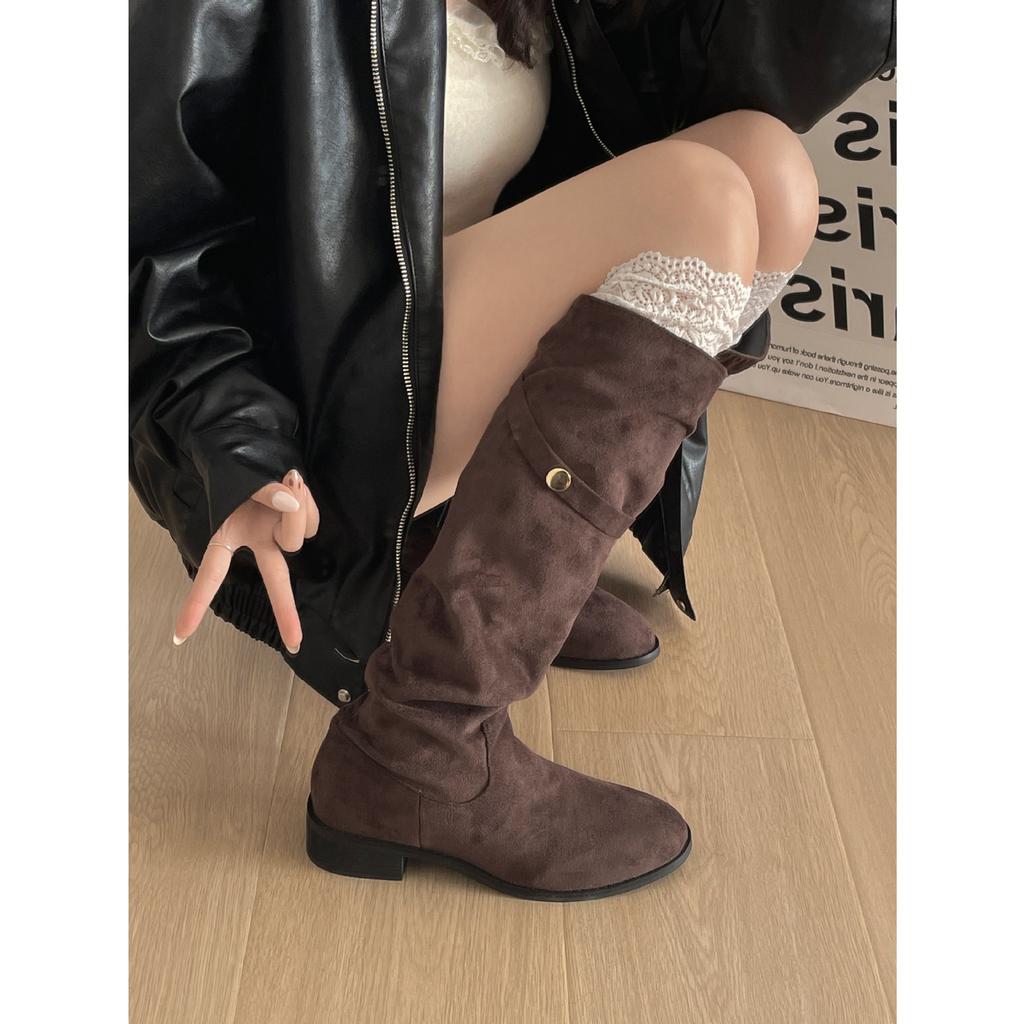Vintage brown Maillard style thick heel boots children's boots autumn with skirt thin knight boots