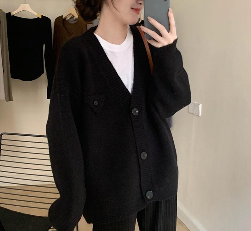 Korean Grey V-Neck Knit Cardigan - Women's Soft, Fluffy Outerwear for Spring and Autumn