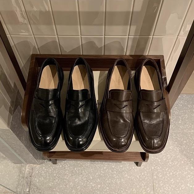 Grape Home~ Cowhide Edition Horse Leather Pattern Lazy One Pedal Versatile Retro British Style Versatile Loafer Leather Shoes Single Shoes