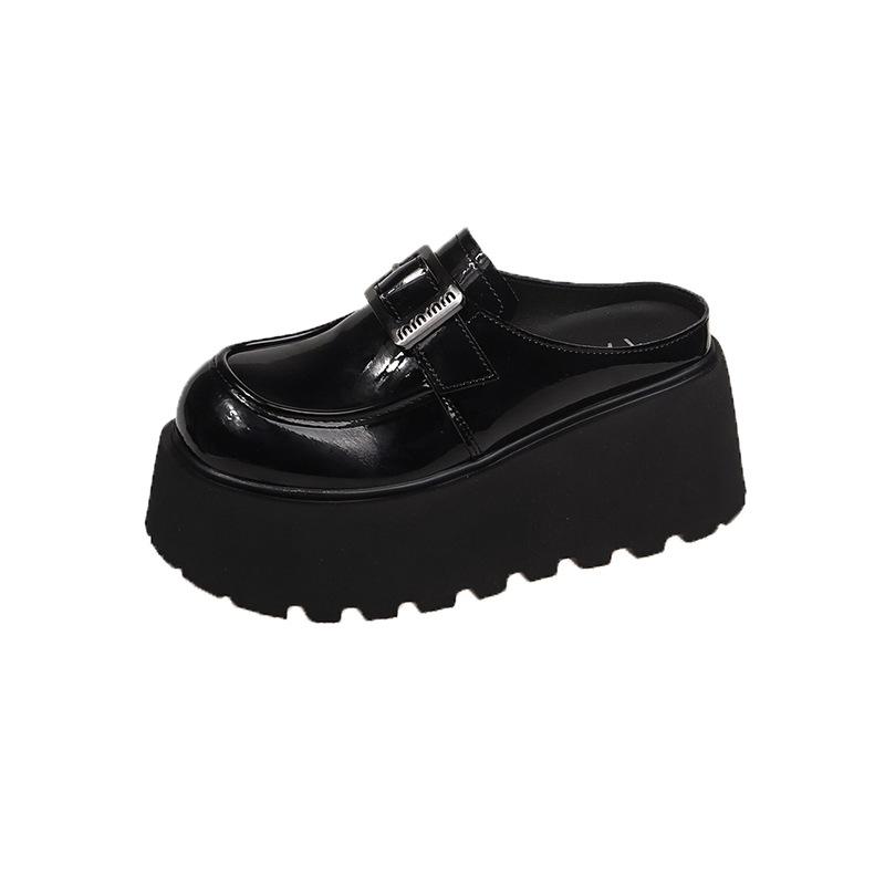 2025 spring and autumn new one-pedal slippers small man height increase black British style platform shoes trendy versatile small leather shoes