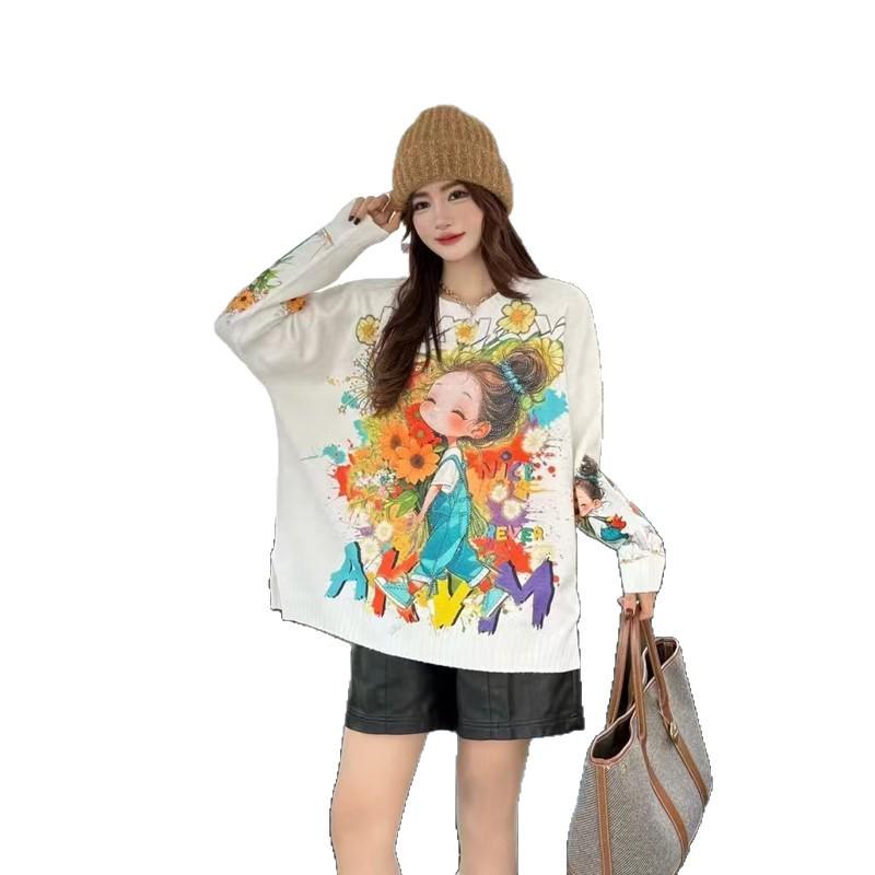 Korean Style Cartoon Print Rhinestone Round Neck Long Sleeve Pullover Sweater for Women - Cute Loose Autumn Winter Knitwear