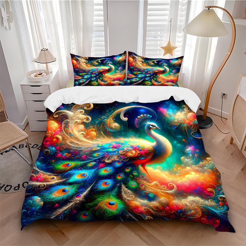 3pcs Peacock in a Vibrant Dreamlike Landscape Pattern Bedding Three-Piece Set (1 Cover + 2 Pillowcases, No Fillings), This Printed Bedding Set Is