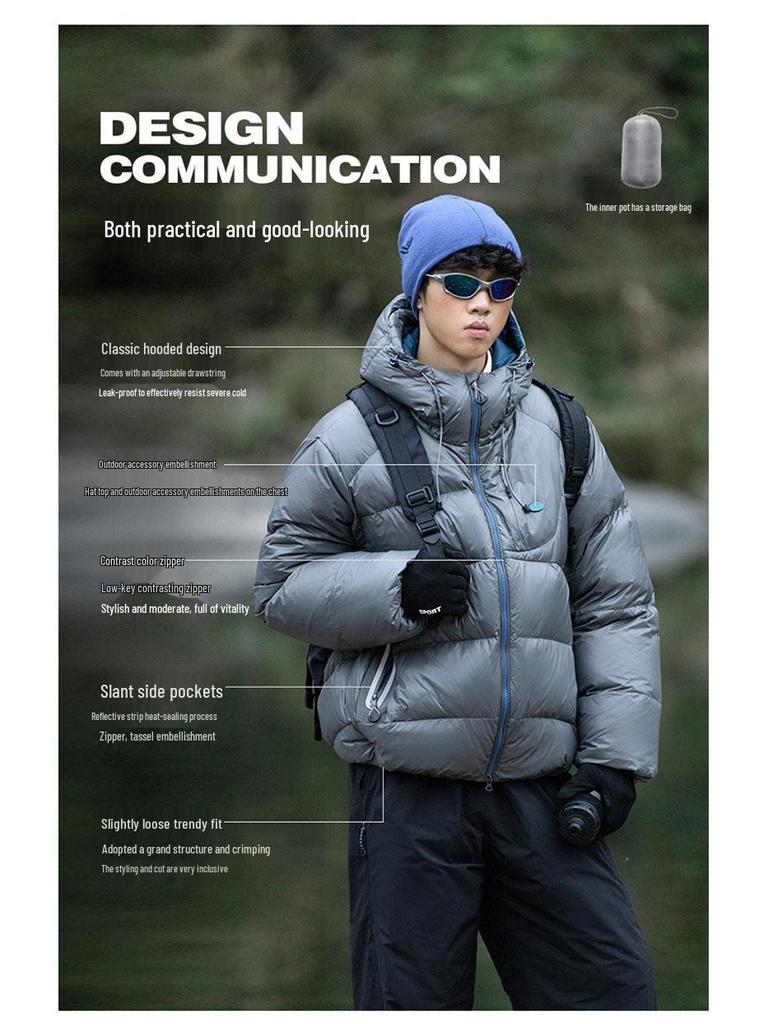 Men's Trendy Windproof Packable 90% Down Feather Puffer Jacket with Velcro Closure