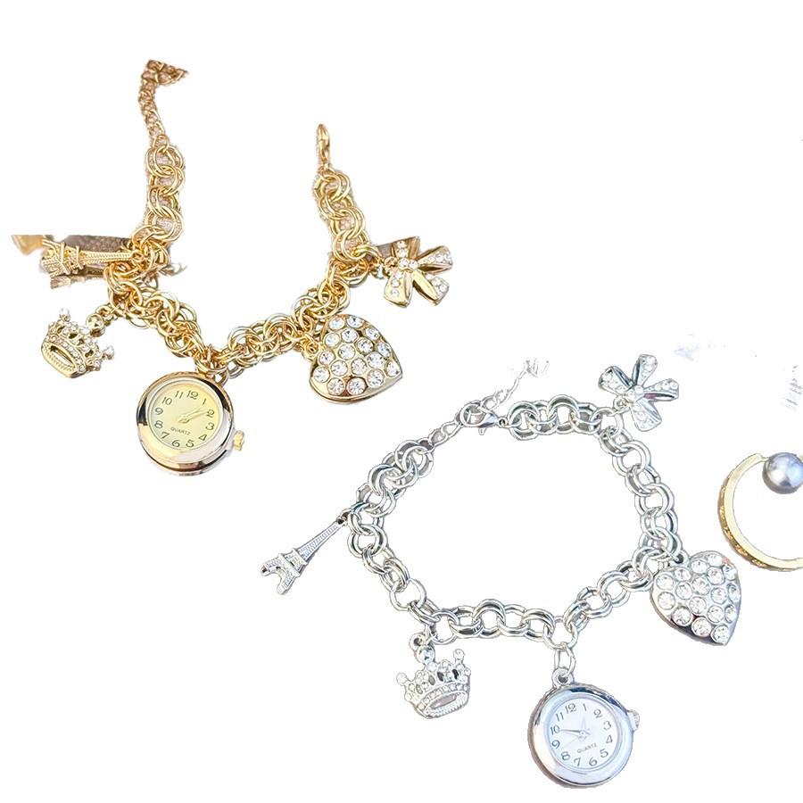 Personalized Full Diamond Peach Heart Gold and Silver Bracelet Watch Female Diamond Design Bracelet Quartz Watch