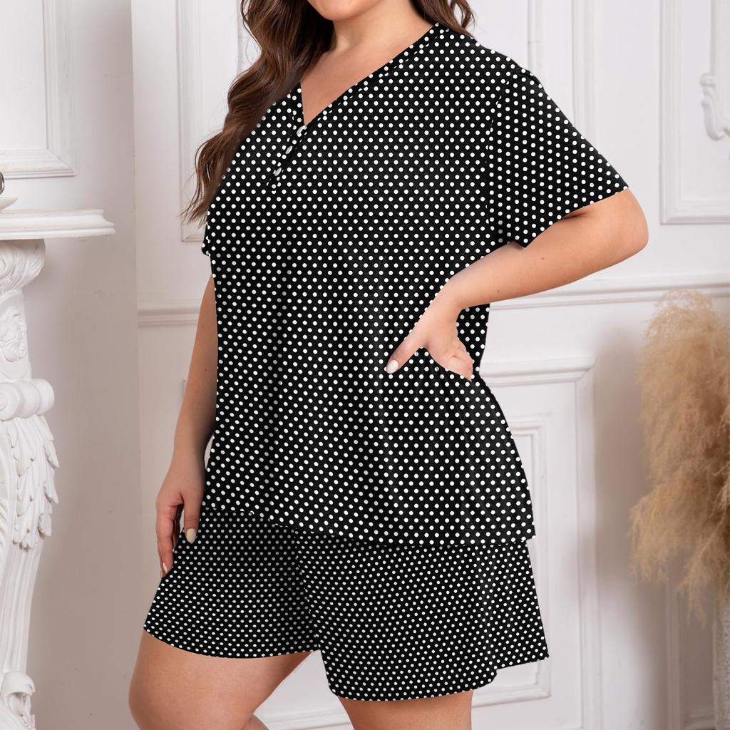 Women's Plus Size Short Sleeve Round Neck Printed 2-Piece Outfit Set - Casual Loose Fit Summer Shorts