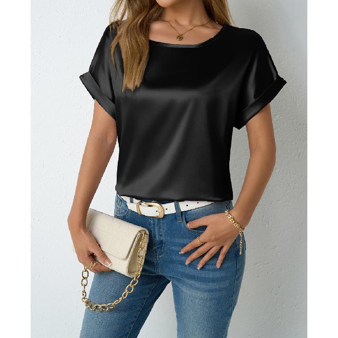 Women s Spring/Summer New Short-Sleeve Satin Shirt Loose Satin T-Shirt for Women S чёрный