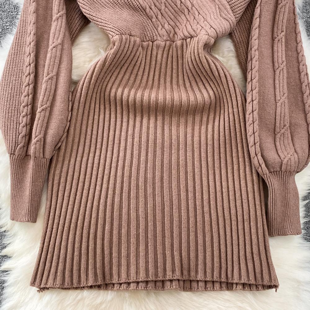 Podzimní zima elegantní pletené svetrové šaty s výstřihem do V s dlouhým rukávem Sexy mini dámské tužkové úplety