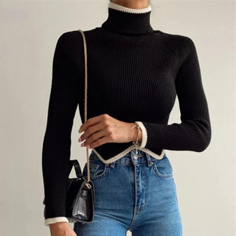Осень-зима, пуловер с длинными рукавами, вязаные свитера, женские нерегулярные однотонные повседневные водолазки, короткий свитер, модный трикотаж 30371 S чёрный
