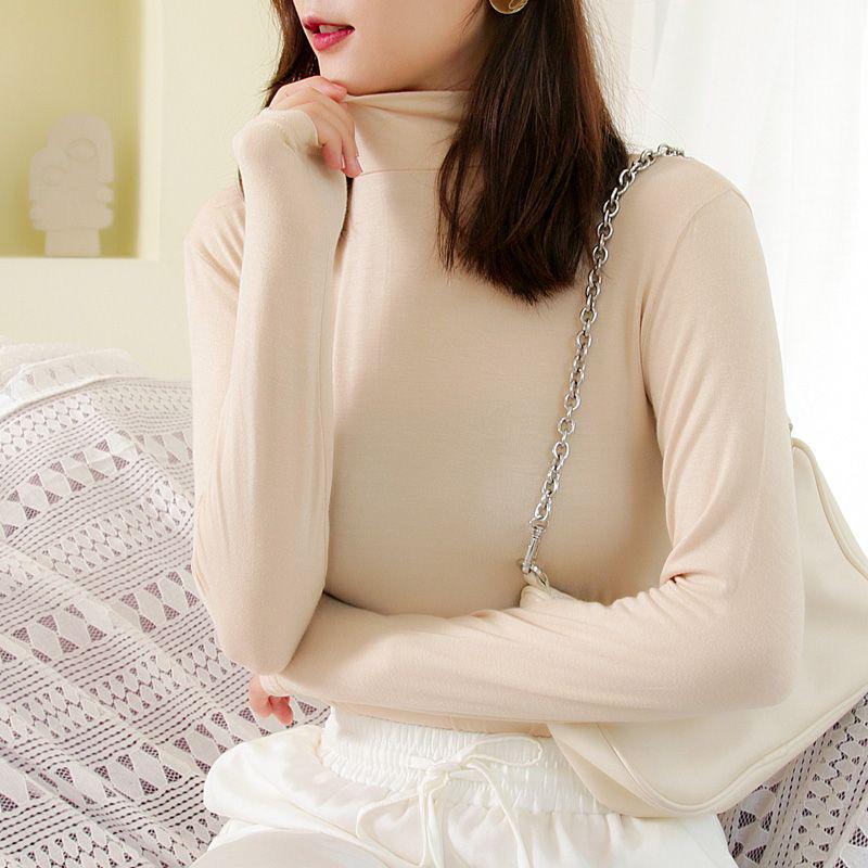 Spring Autumn 2025 Women's Modal Semi-High Neck Long Sleeve Solid Color Plus Size T-shirt - Versatile and Fashionable New Style