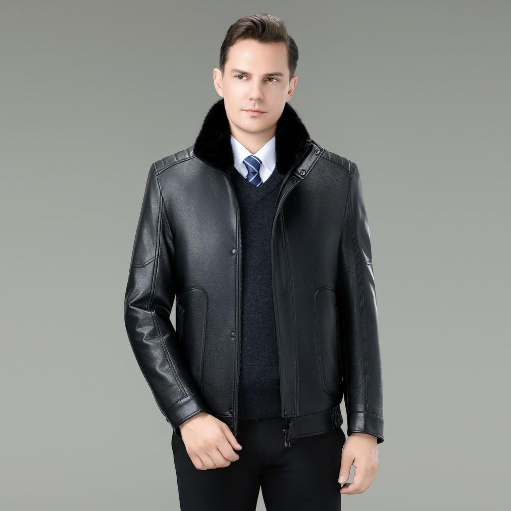 Luxury Men's Winter Leather Jacket with Down Liner - Middle-Aged Business Casual Warm Fur