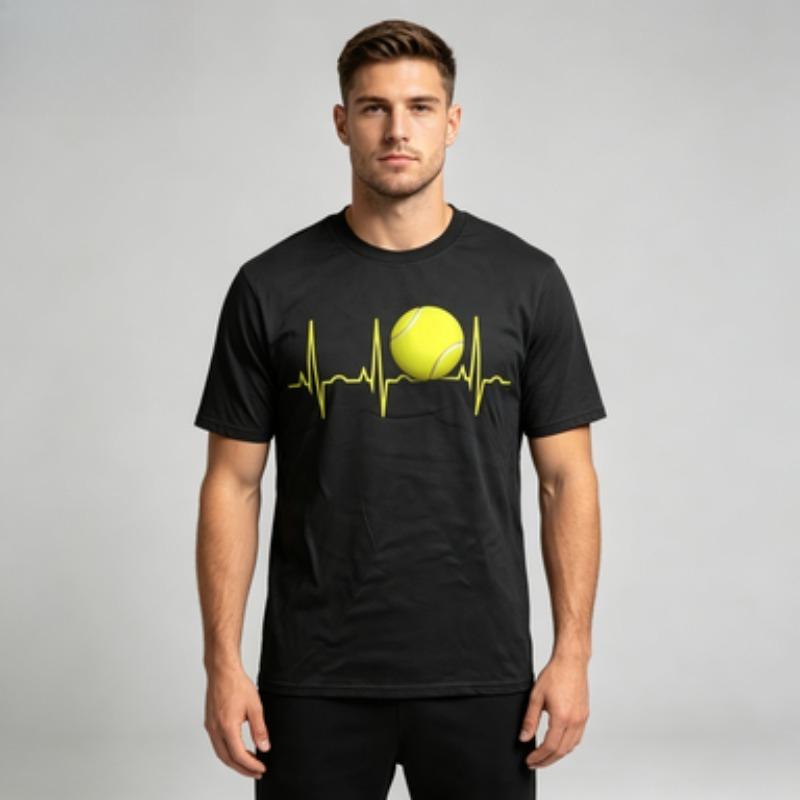 Unisex Modal Tshirt Tennis Heartbeat Print Short Sleeve Crewneck Casual Sports Graphic Tee Black White