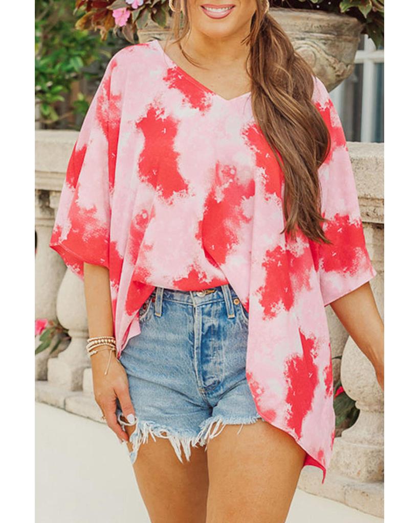 Azura Exchange Red Plus Size Tie-dye Print 3/4 Sleeve Tunic Top