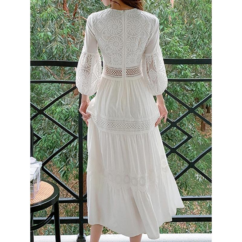 Λευκό μακρύ φόρεμα Γυναικεία καλοκαιρινά Boho δαντελένια φορέματα Γυναικείο φόρεμα για διακοπές στην παραλία