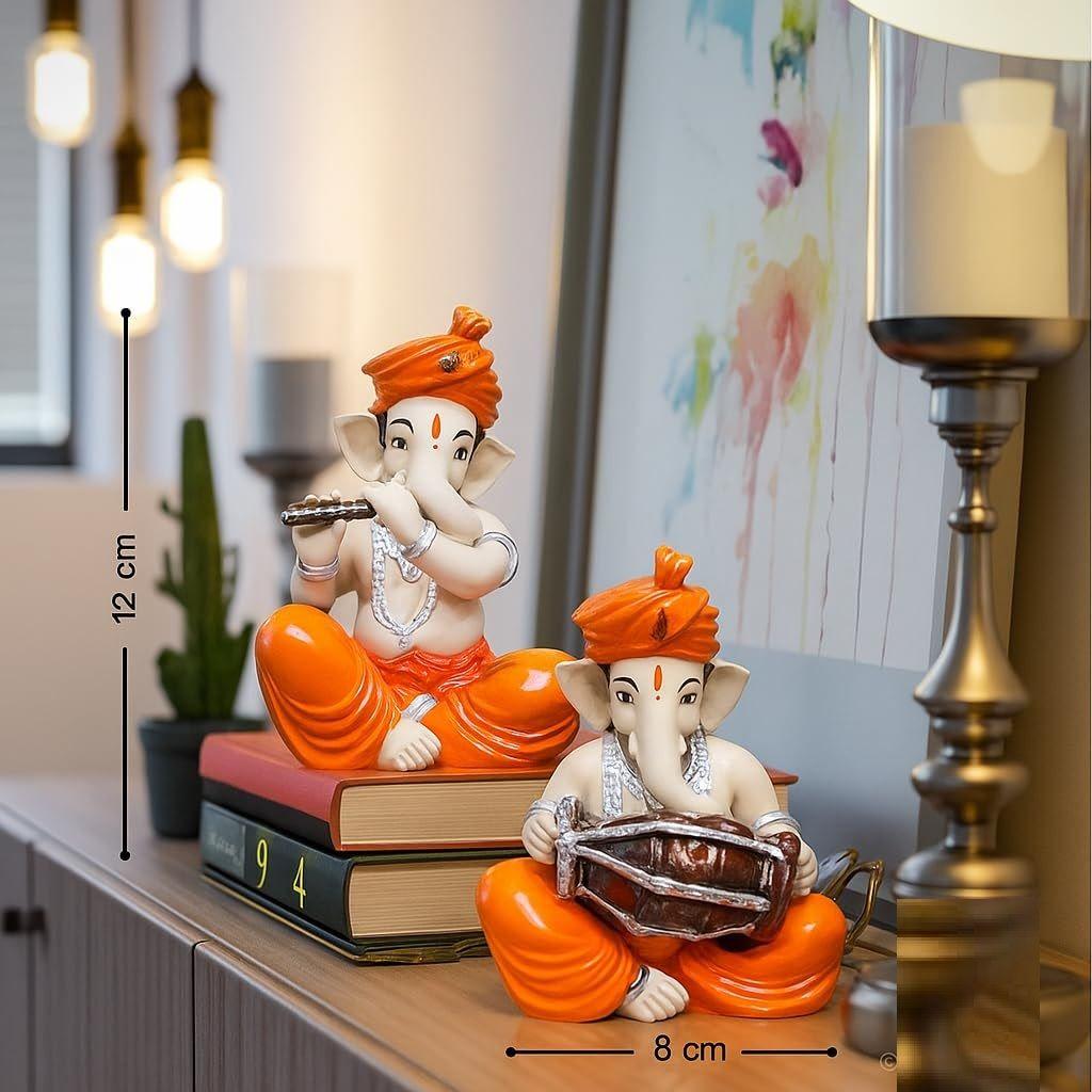 Musical Ganesha Pair for Home Decor | Brings Prosperity - (Orange and White, Pack of 2)(Resin)