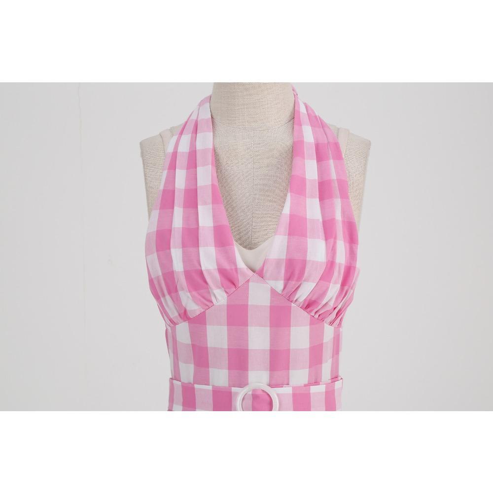Women’s Strappy, Sexy deep-V Neckline Pink Checked Vintage Dress