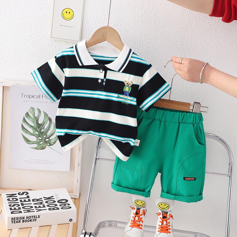 Boys' Summer 2026 Polo Shirt & Shorts Set: Striped Two-Piece for Toddlers and Kids