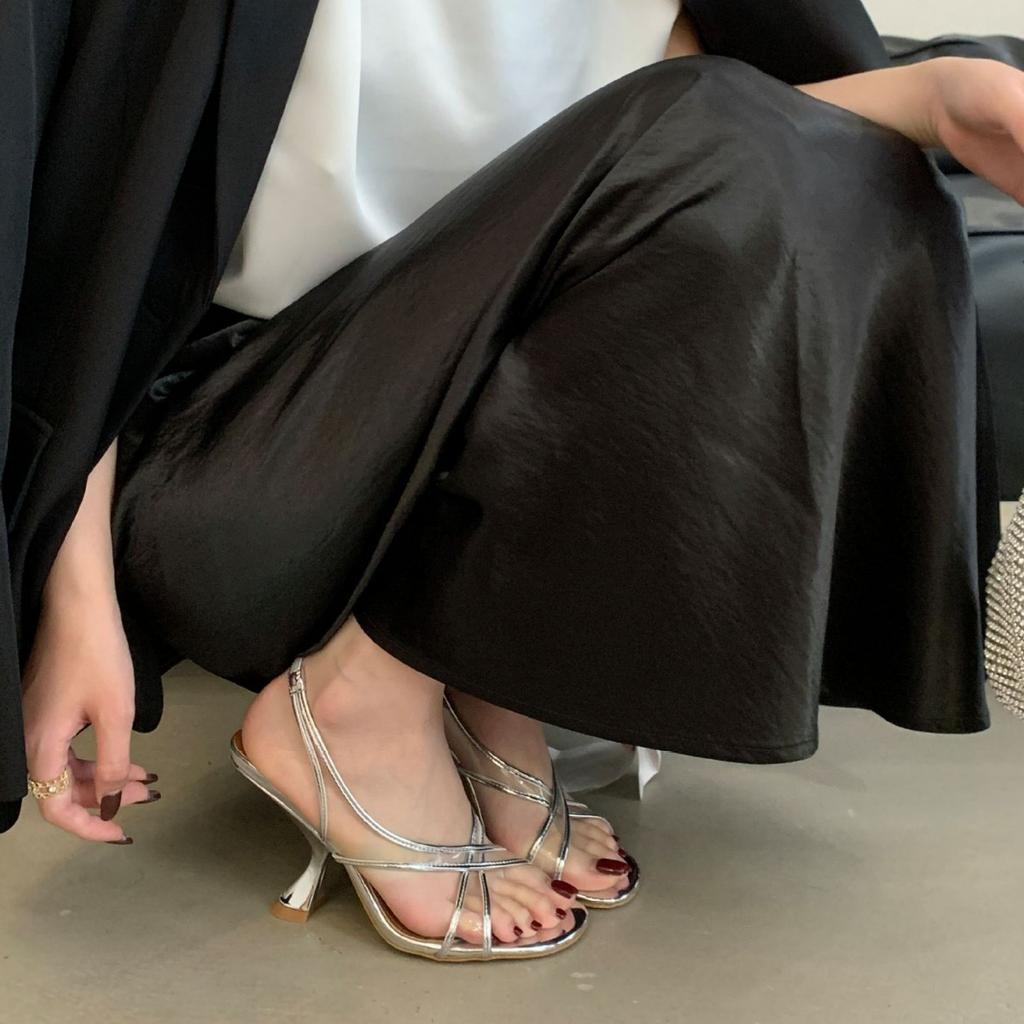 French Beautiful Square Head Open-toed Roman Sandals Women's 2025 Summer New Models with Skirts Socialites Sexy Stilettos High Heels